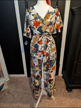 True Destiny Cream Floral Wrap Jumpsuit with Tie Waist